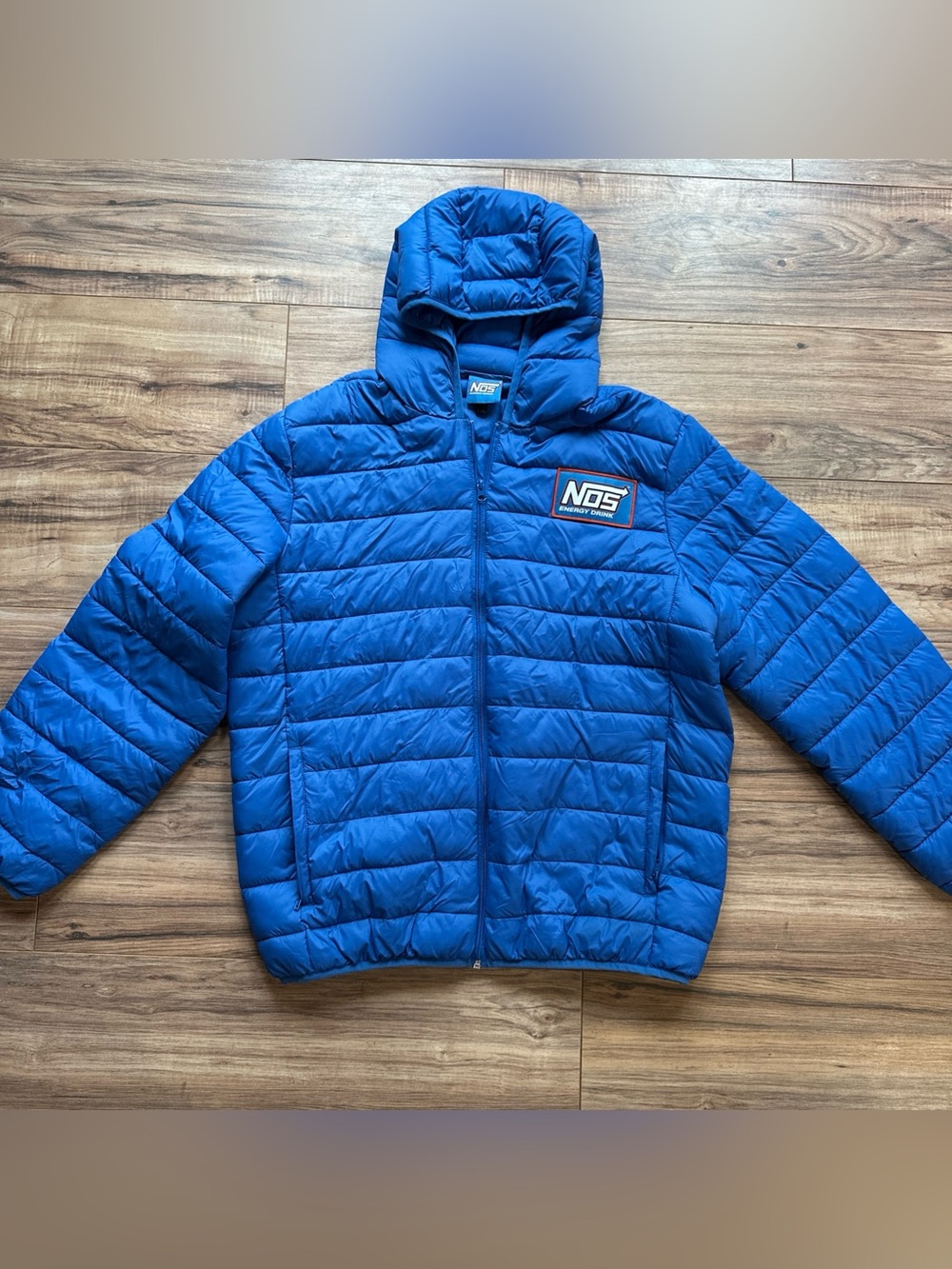 NOS Energy Drink Blue Hooded puffer Jacket Monster Men’s Size large EUC rare htf